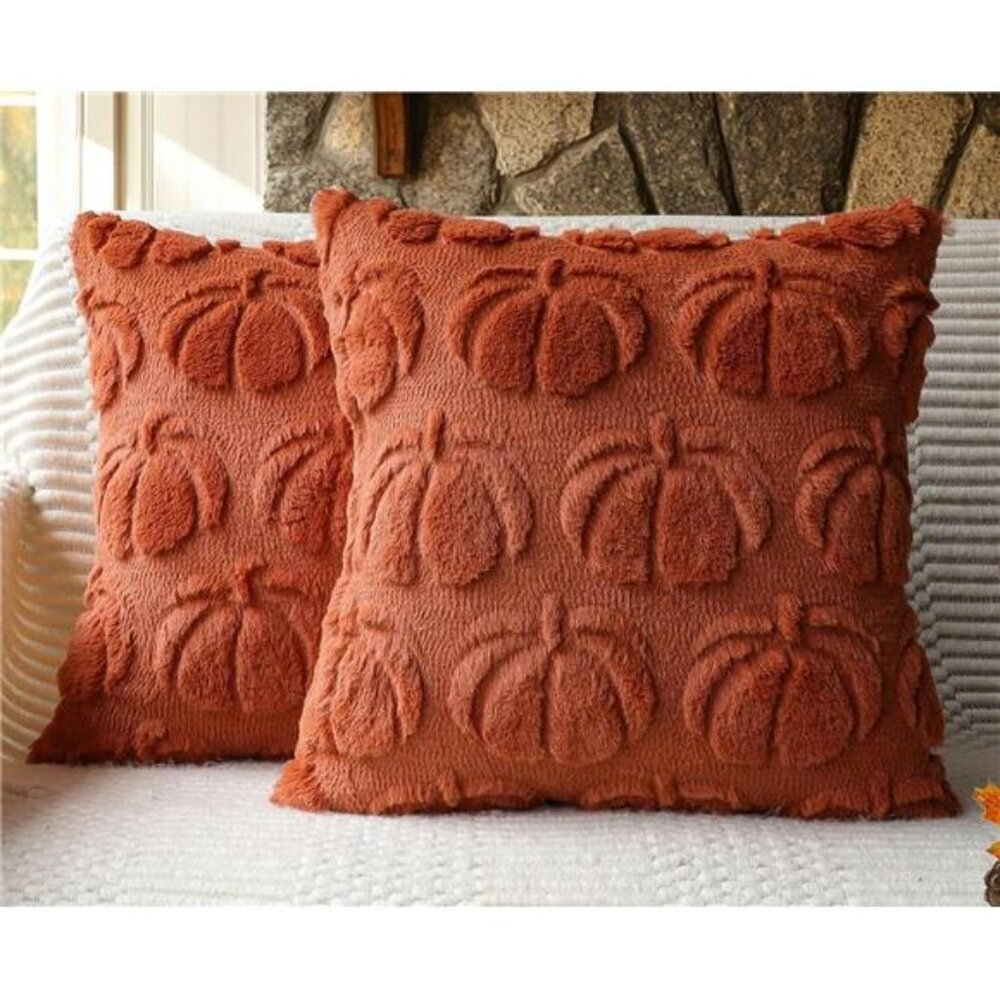 Fall Pumpkin Pillow Covers 18x18 Set of 2 Plush Faux Fur Farmhouse Thanksgiving